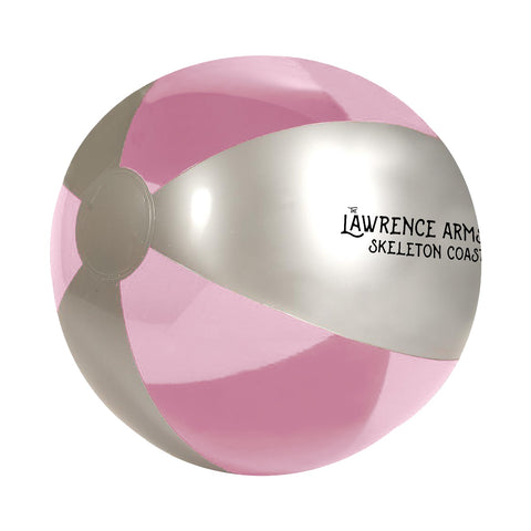 Image of a beachball against a white background. The beachball alternates pink and silver colors, and in black text on one of the silver stripes says the lawrence arms, skeleton coast.