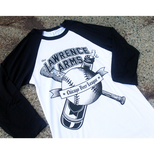 Image of the front of a black and white baseball tee lying against a grey speckled background. The front of the shirt says The lawrence arms in black text with a white outline. Below that is an image of a baseball with a bat and beer crossing over each other behind the baseball. There is a banner over the baseball that says Chicago beer league.
