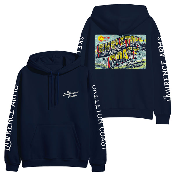 Image of the front and back of a navy hoodie against a white background. The left chest says The Lawrence Arms in white cursive. The left sleeve says "skeleton coast" and the right says "the lawrence arms". The back has a graphic of a post card- it is colorful and says greetings from skeleton coast. the lawrence arms. there is a sun, some clouds, the oceans, and fins from sharks sticking out of the water.  The words Skeleton coast are in large colorful bubble letters.