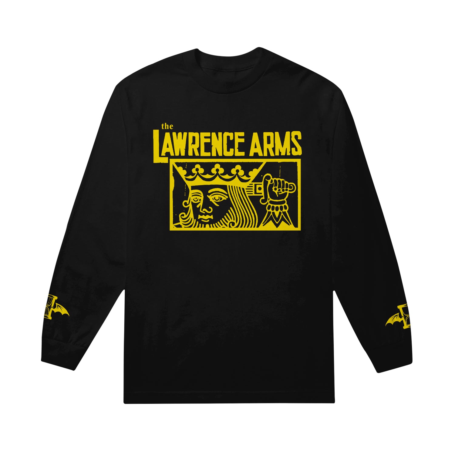 Image of a black longsleeve against a white background. Across the chest in yellow text reads "the lawrence arms". Below that inside of a yellow outlined rectangle is a graphic of a king holding a sword behind his head. The cuffs of the sleeves feature the lawrence arms logo in yellow- an hourglass with wings.