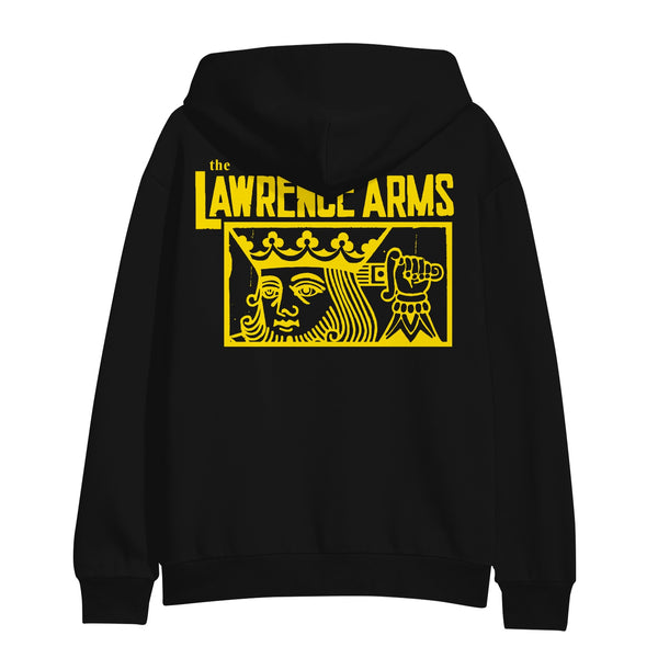 Image of the back of a black zip up hoodie against a white background. Across the back in yellow text reads "the lawrence arms". Below that inside of a yellow outlined rectangle is a graphic of a king holding a sword behind his head. The cuffs of the sleeves feature the lawrence arms logo in yellow.
