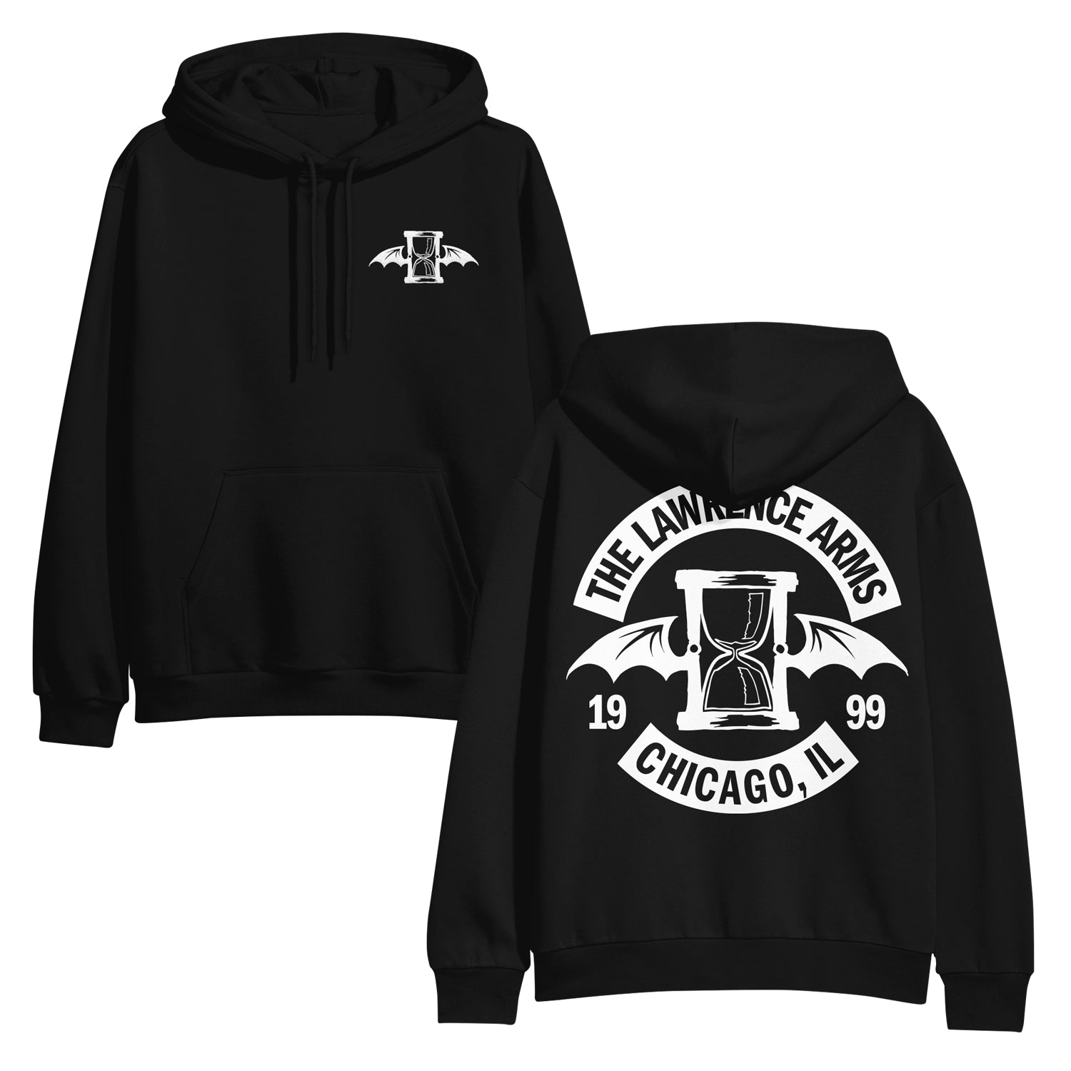 image of the front and back of a black pullover hooded sweatshirt on a white background. the front of the hoodie is on the left and has a small white embroidered right chest design of an hourglass with bat wings. the back of the hoodie is on the right and has a full back print in white of the hourglass with bat wings. arched above that says the lawrence arms, and arched up below says chicago, IL