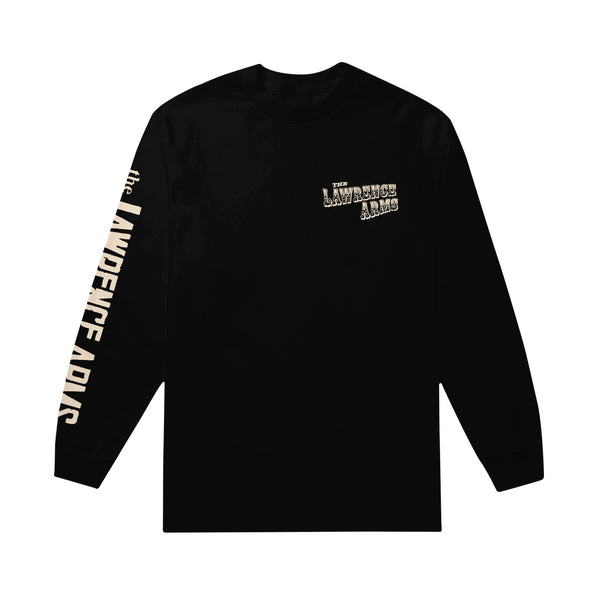  Image of the front of a black longsleeve against a white background. The left chest of the front of the longsleeve says the lawrence arms. The right sleeve also says this. Both are in white.