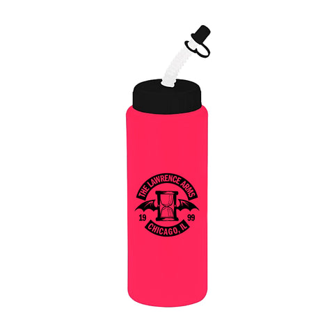 image of a neon pink sport bottle on a white background. bottle has a black straw cap, and black top cap, and a black print on the center that has an hourglass with bat wings. arched above says the lawrence arms and below says chicago, IL, with 19 on the left and 99 on the right,