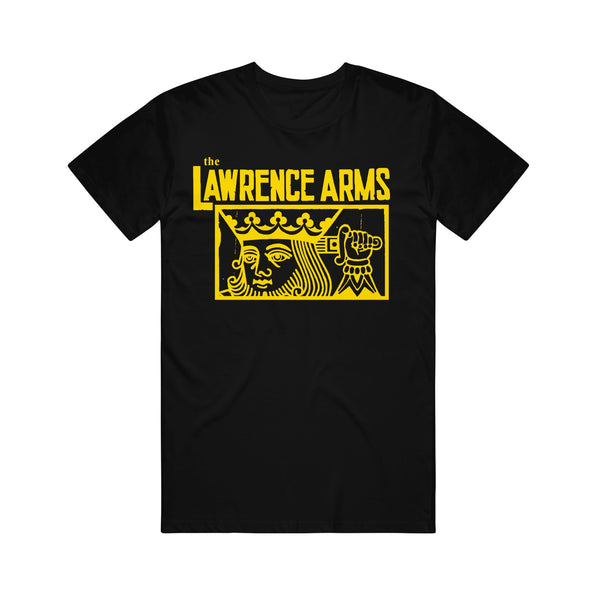 Image of a black tshirt against a white background. Across the chest in yellow text reads "the lawrence arms". Below that inside of a yellow outlined rectangle is a graphic of a king holding a sword behind his head.