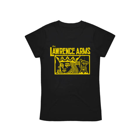 Image of a black tshirt against a white background. Across the chest in yellow text reads "the lawrence arms". Below that inside of a yellow outlined rectangle is a graphic of a king holding a sword behind his head. 