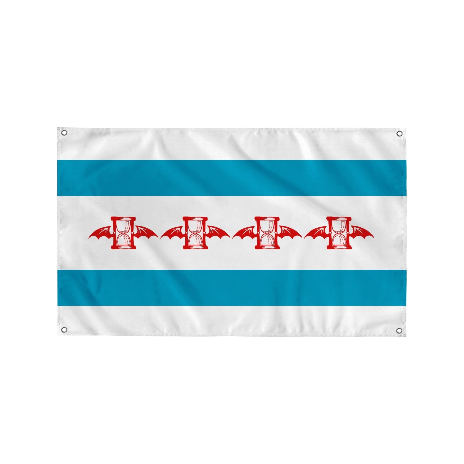 Image of a white wall flag against a white background. The wall flag features two blue stripes- one across the top and one across the bottom of the flag. The center, a white stripe, features four of the same logos for the lawrence arms. The logo is an hourglass with wings in the color red.