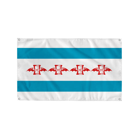 Image of a white wall flag against a white background. The wall flag features two blue stripes- one across the top and one across the bottom of the flag. The center, a white stripe, features four of the same logos for the lawrence arms. The logo is an hourglass with wings in the color red.