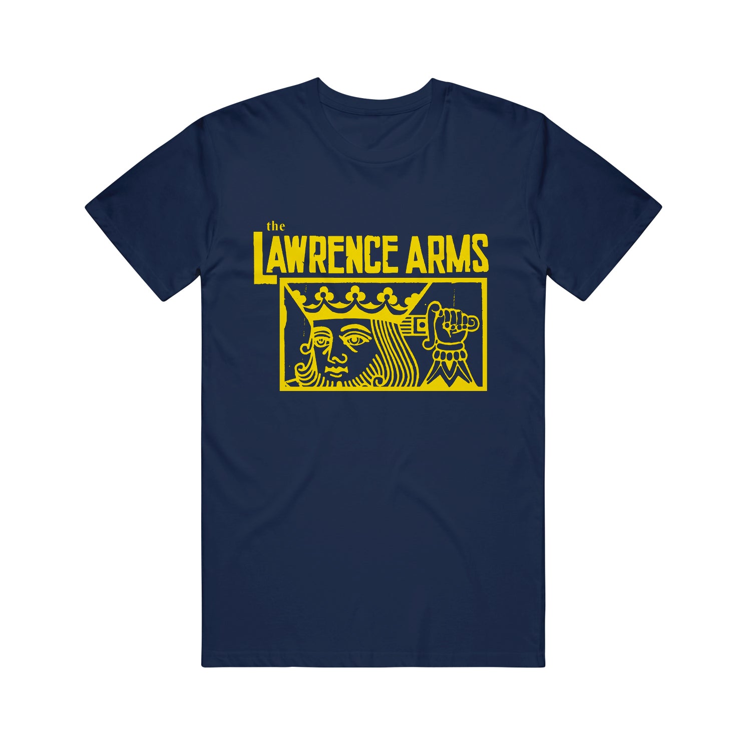 Image of a navy tshirt against a white background. Across the chest in yellow text reads "the lawrence arms". Below that inside of a yellow outlined rectangle is a graphic of a king holding a sword behind his head.