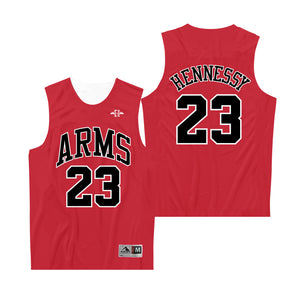 Image of the front and back of a red sleeveless jersey against a white background. The front of it says ARMS across the chest in black with a white outline. Below that is the number 23. A white hourglass with wings the lawrence arms logo is in the upper left chest area. The bottom of the jersey has the brand and size tag on it. The back of the jersey says hennessy in black text with a white outline. The number 23 in black with a white outline is below that.