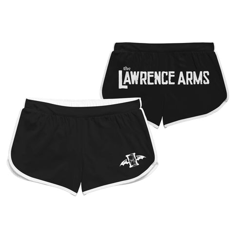 Image of the front and back of women's track shorts against a white background. The shorts are black and outlined in white. The left leg features a small the lawrence arms logo in white- an hourglass with wings. The back of the shorts across them in white text says the Lawrence arms.