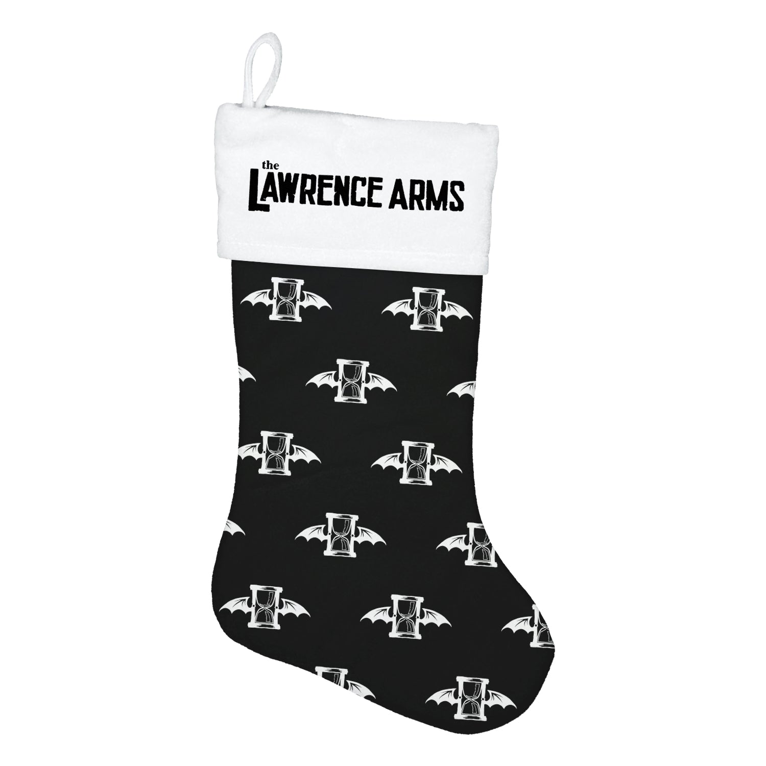Image of a black and white christmas stocking against a white background. The top of the stocking is white and has black text that says "the lawrence arms". Below that, the rest of the stocking is black and features white the lawrence arms logos all over it. The logo is an hourglass with wings.