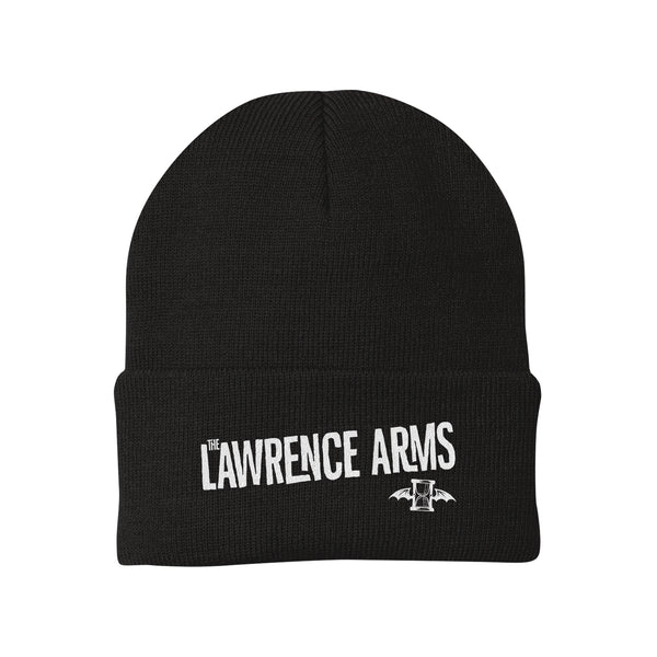 Image of a black winter beanie against a white background. The beanie folds up at the bottom and on the folded part in white text says the lawrence arms. Under the word arms is the lawrence arms logo of an hourglass with wings. 
