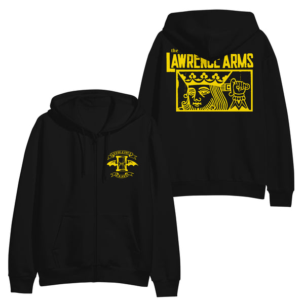 Image of a black zip up hoodie against a white background. The front of the hoodie on the left chest is the lawrence arms logo of an hourglass with wings. Above that in a yellow outlined banner says "lawrence". Below the logo in a yellow outlined banner says "arms". Across the back in yellow text reads "the lawrence arms". Below that inside of a yellow outlined rectangle is a graphic of a king holding a sword behind his head. The cuffs of the sleeves feature the lawrence arms logo in yellow.
