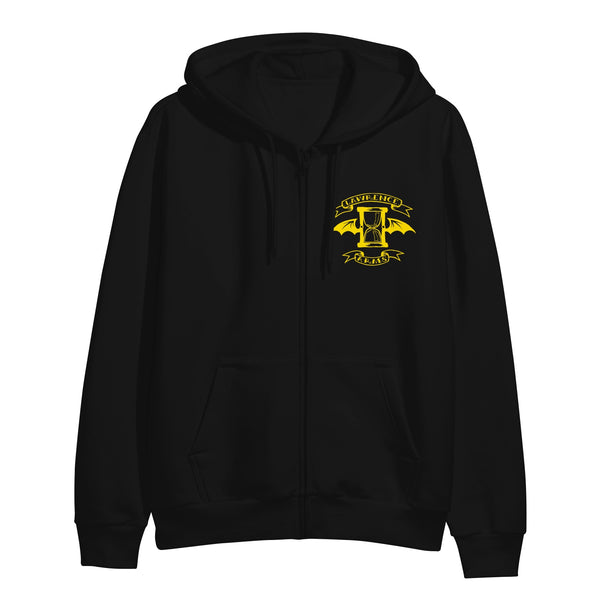 Image of the front of a black zip up hoodie against a white background. The front of the hoodie on the left chest is the lawrence arms logo of an hourglass with wings. Above that in a yellow outlined banner says "lawrence". Below the logo in a yellow outlined banner says "arms". 