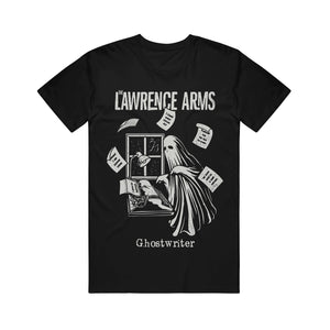Photo of a black tshirt against a white background. The tshirt says the lawrence arms across the chest in white text. Below that is a graphic of a ghost standing near a window. There is a typewriter and a lamp over the typewriter. The ghost is typing something, and pieces of paper are arranged around the ghost in the air in a circular shape. Below the graphic in white text reads "ghostwriter".