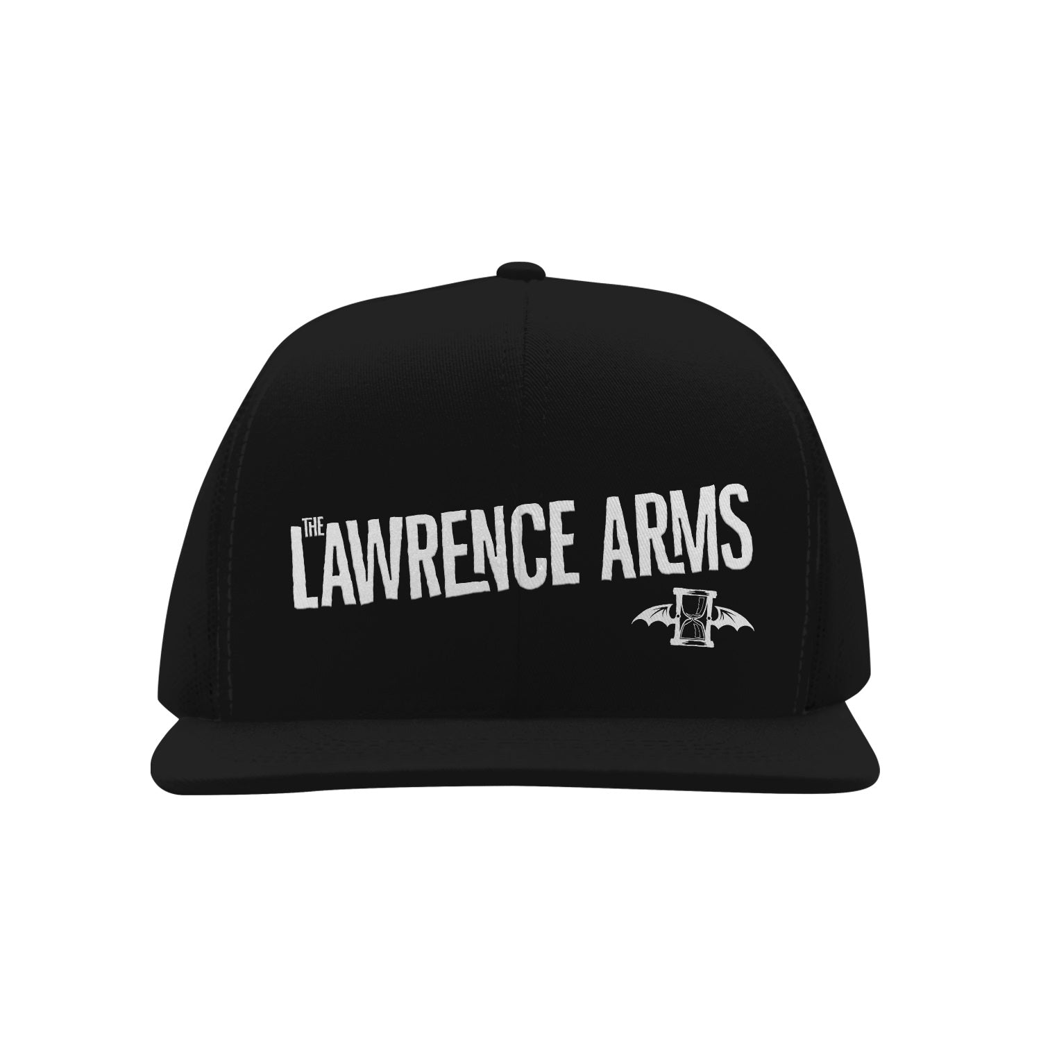 Image of a black trucker hat against a white background. The center of the hat in white text says the lawrence arms. Under the word "arms" is the lawrence arms logo, which is a white hourglass with wings.
